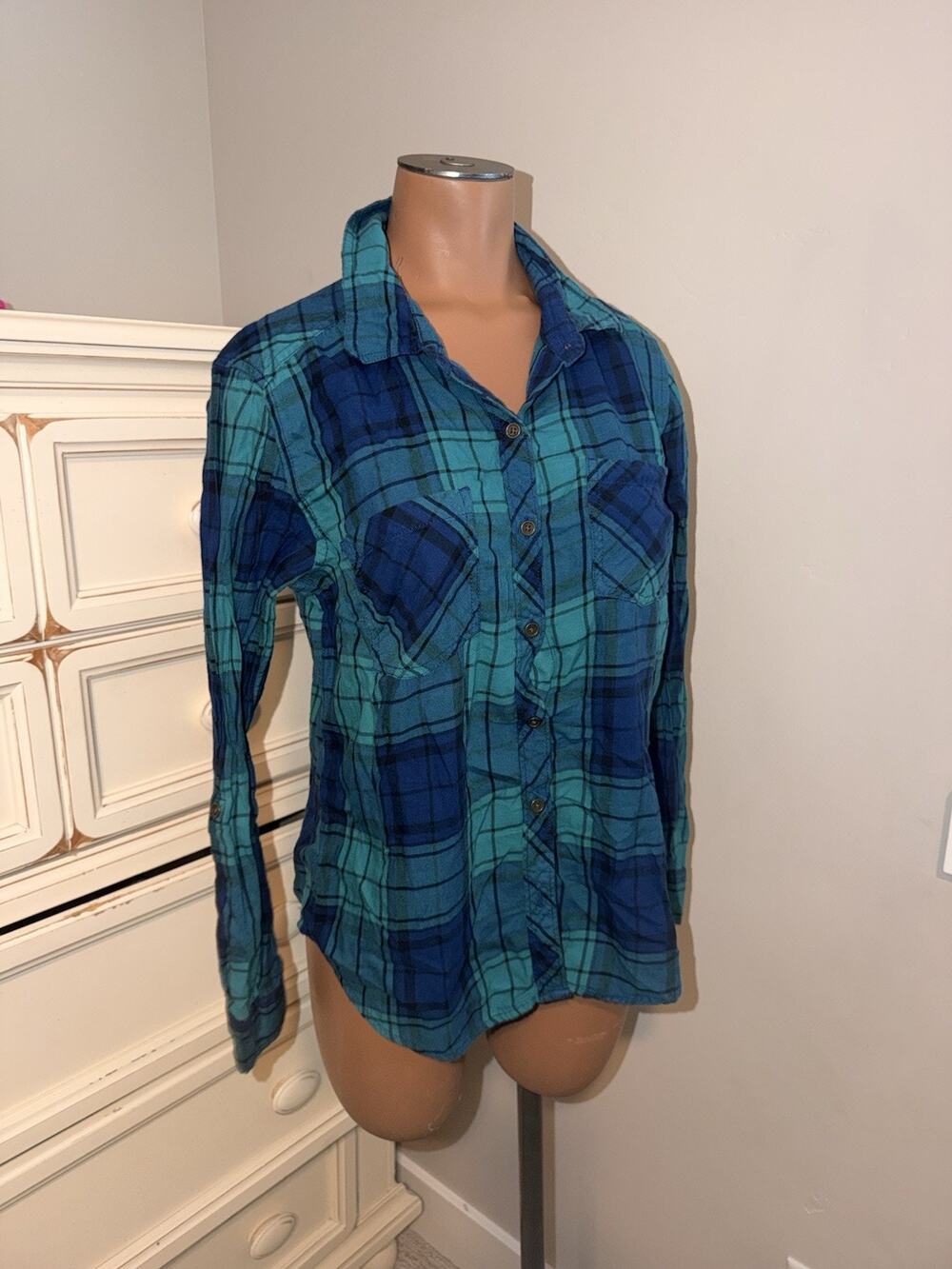 Women’s Teal Navy Plaid Flannel Shirt Fall Size Medium